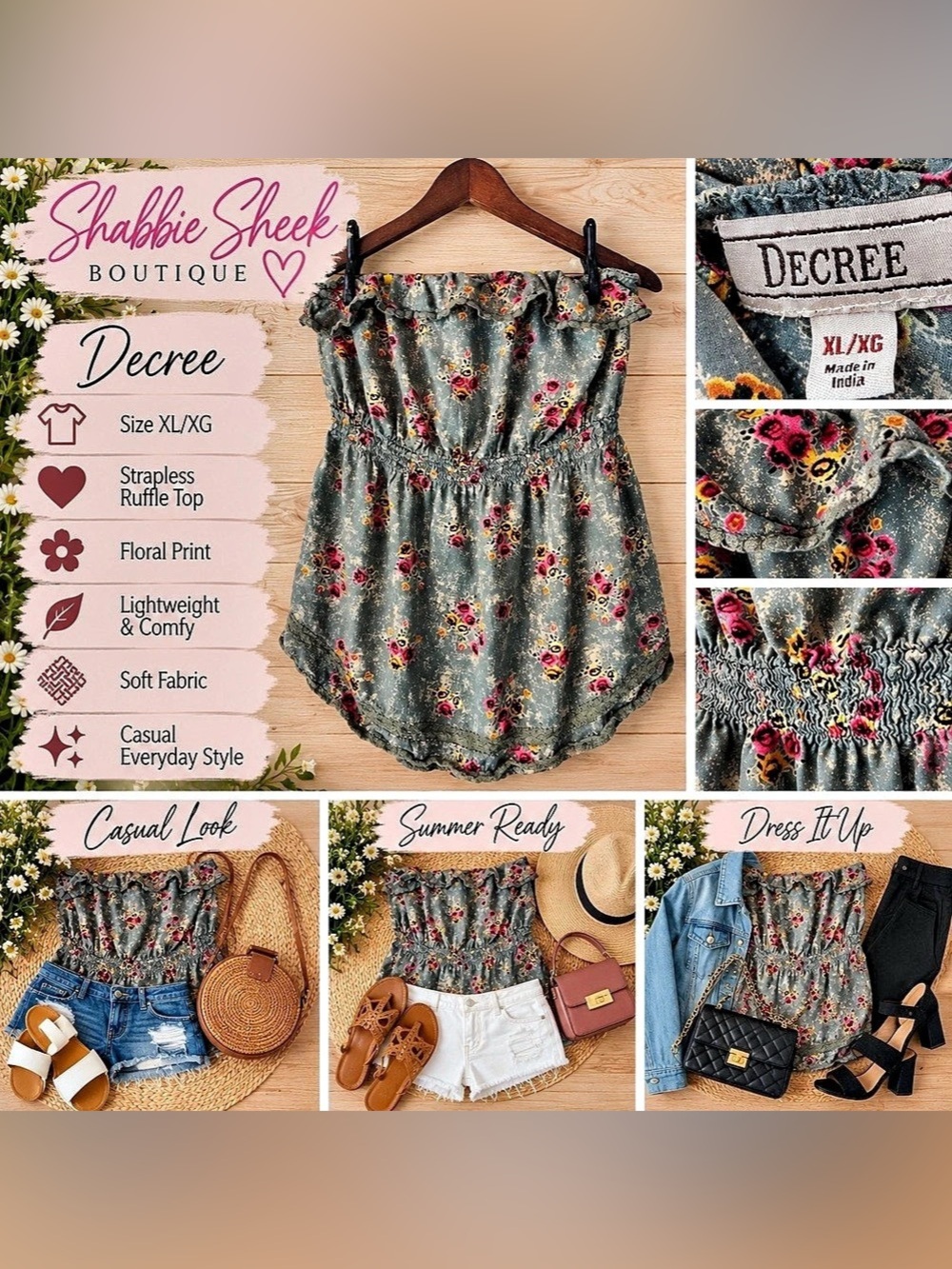 Decree XL Floral Strapless Ruffle Top Gray Pink Yellow Boho